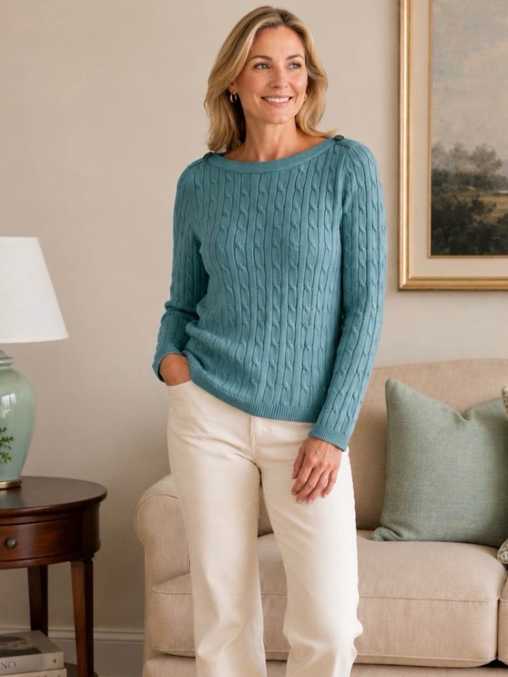 Talbots Women’s Small Cable Knit Long Sleeve Sweater in Teal Blue